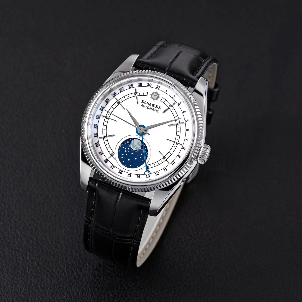 Sugess 40mm Mens Watch Automatic Mechanical Original ST2108 Movement MoonPhase Water Resistant Wristwatches Sapphire Crystal New