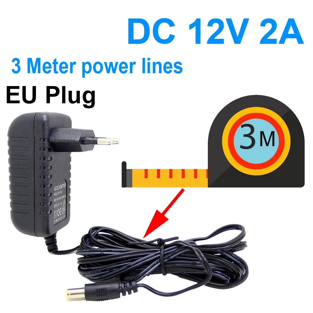 

EU Power Adapter Extension Cord 3 Meters Charger For CCTV Camera Input AC 100-240V Output DC 12V 2A (2.1mm*5.5mm）