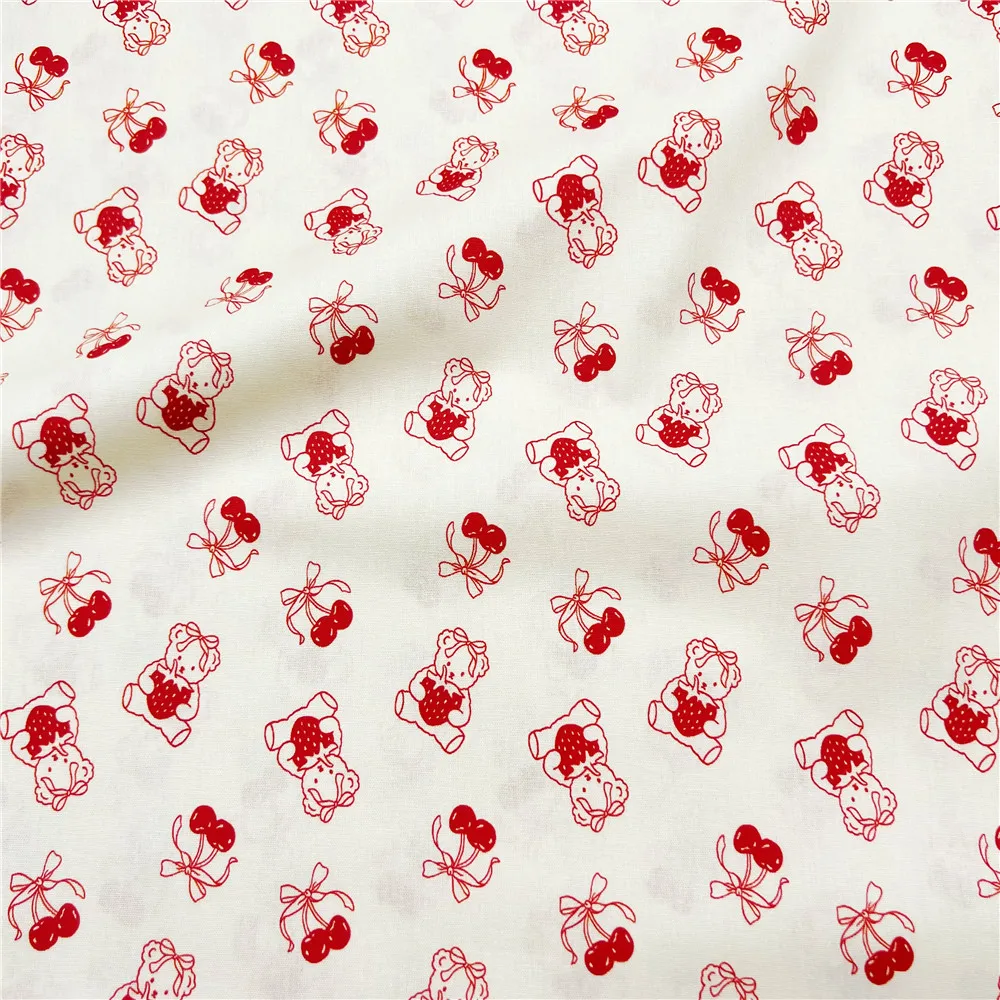 Cream base cherry strawberry bear Cotton Fabric for Kids Clothes Home Textile Slipcover Sewing Quilting DIY Needlework Material