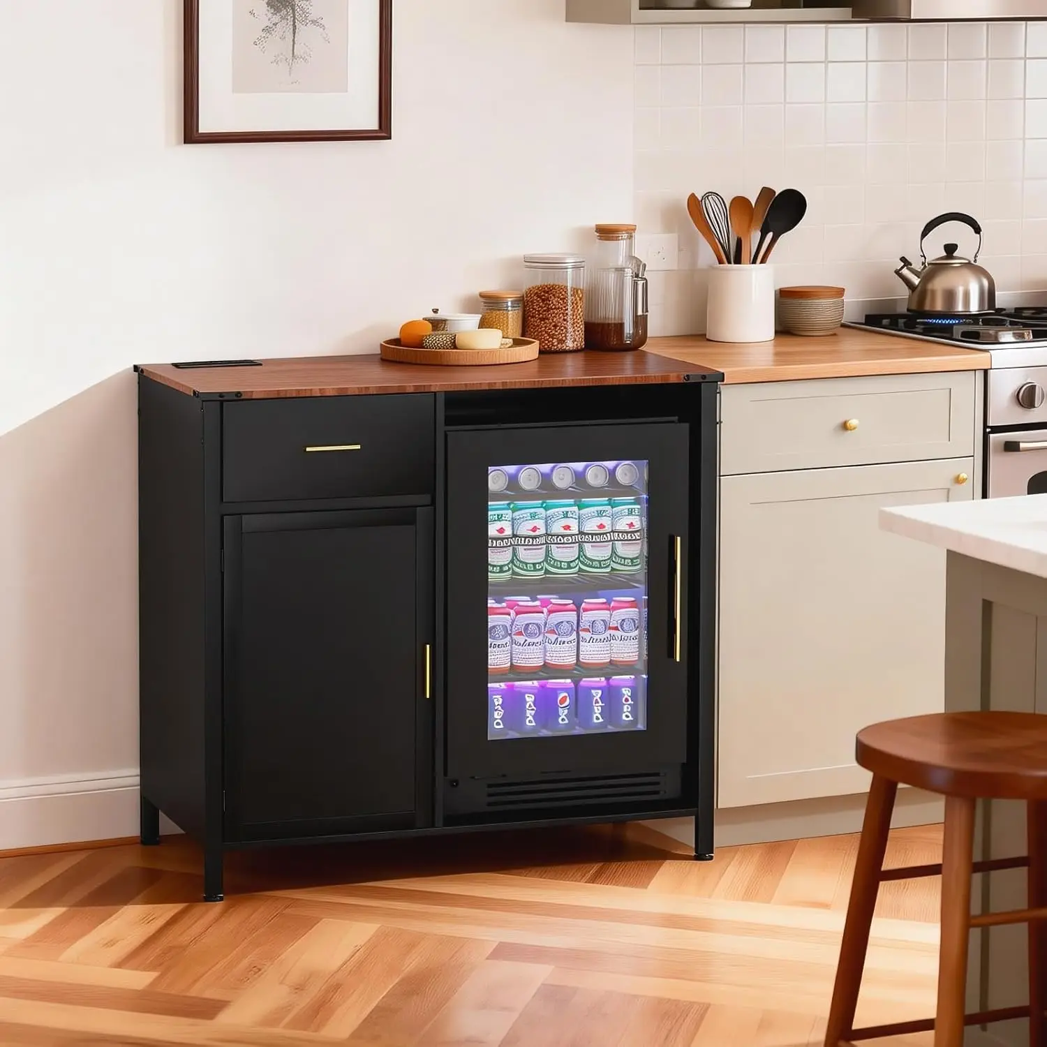 Coffee Bar Cabinet with Mini Fridge Space, Charging Station & LED Lights, 9 Grid Storage, Modern Wine Cabinet, Customized