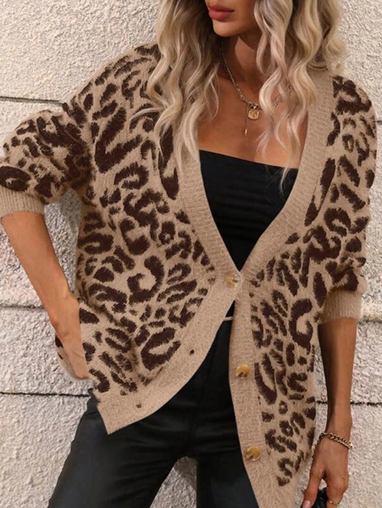 Solto de malha manga longa com decote em v leopardo impressão camisola casaco para mulheres outono inverno novo estilo casual outerwear