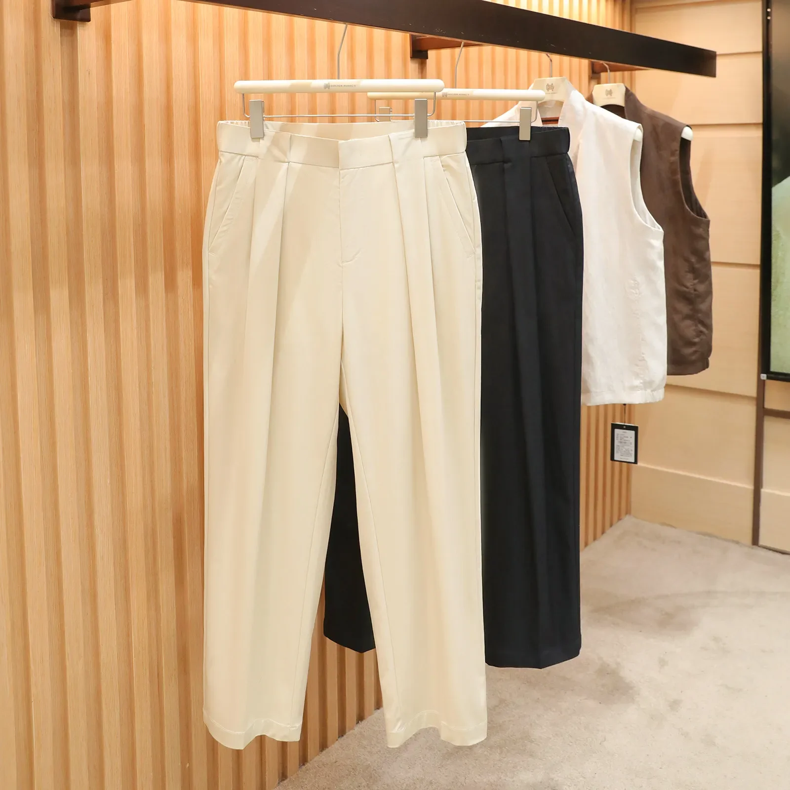Italian 2026 Spring New Men's Silk Blended Vertical Double-pleated Loose Straight Pants