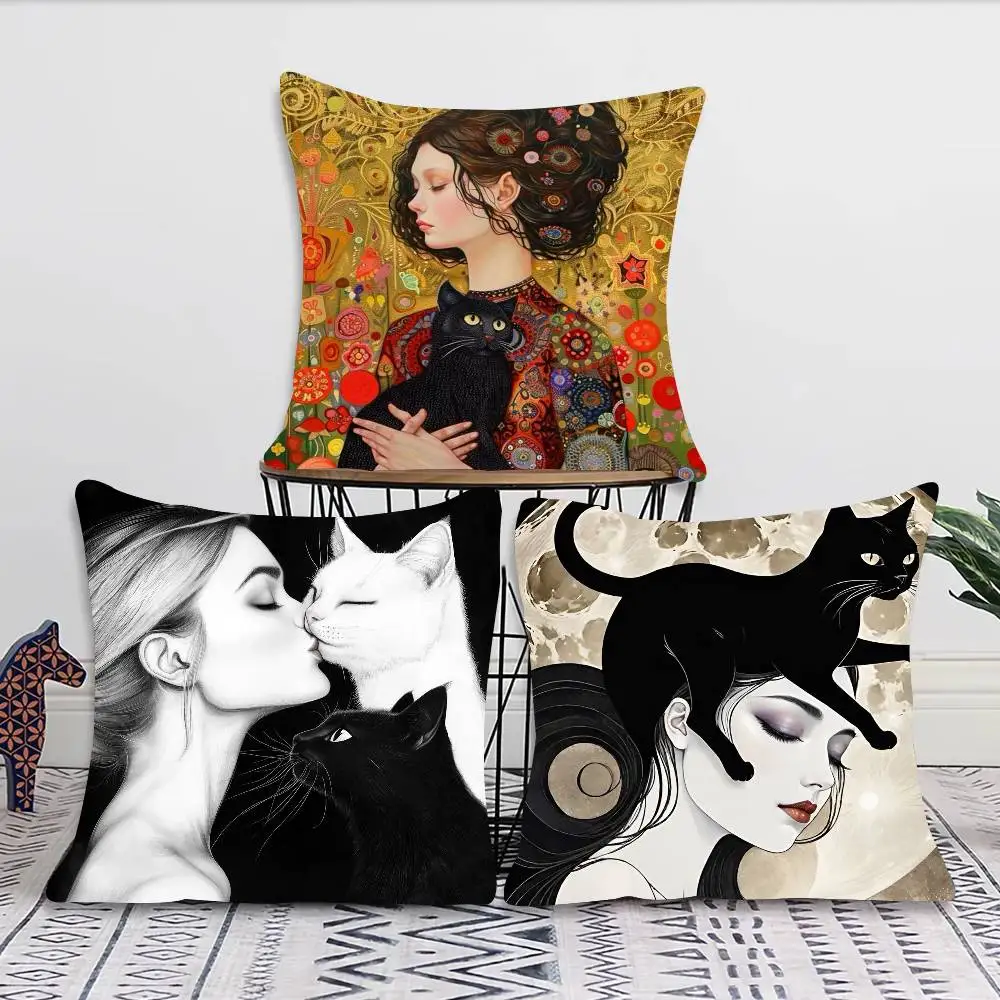 Abstract Woman Bird Cat Flower Fish Couple Pillow Case Fashion Square Pillowcase Bedroom Sofa Room Ins Decoration Leisure