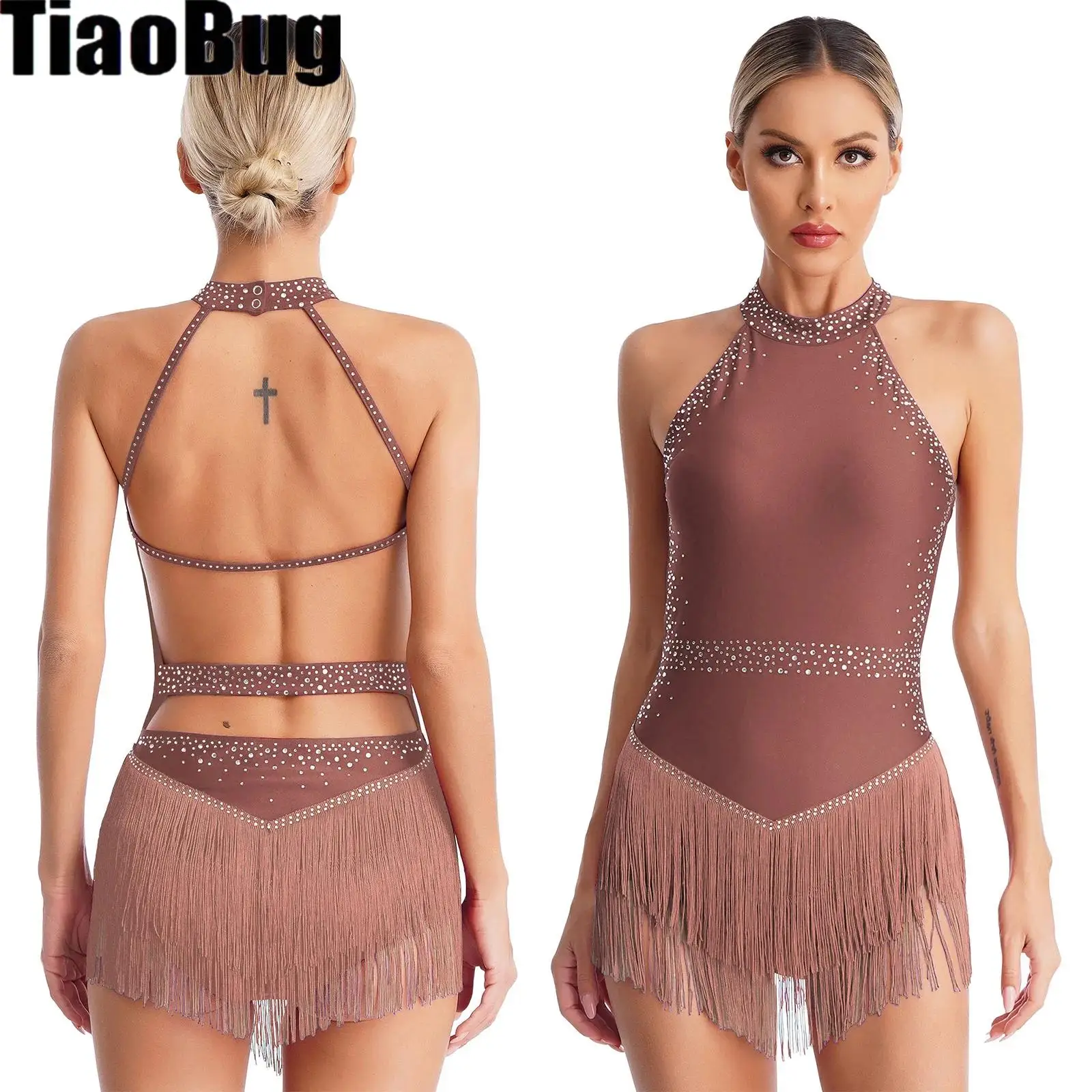

Womens Latin Tango Dance Leotard Shiny Rhinestones Halter Backless Fringe Tassel Bodysuit Ballroom Latin Salsa Costume