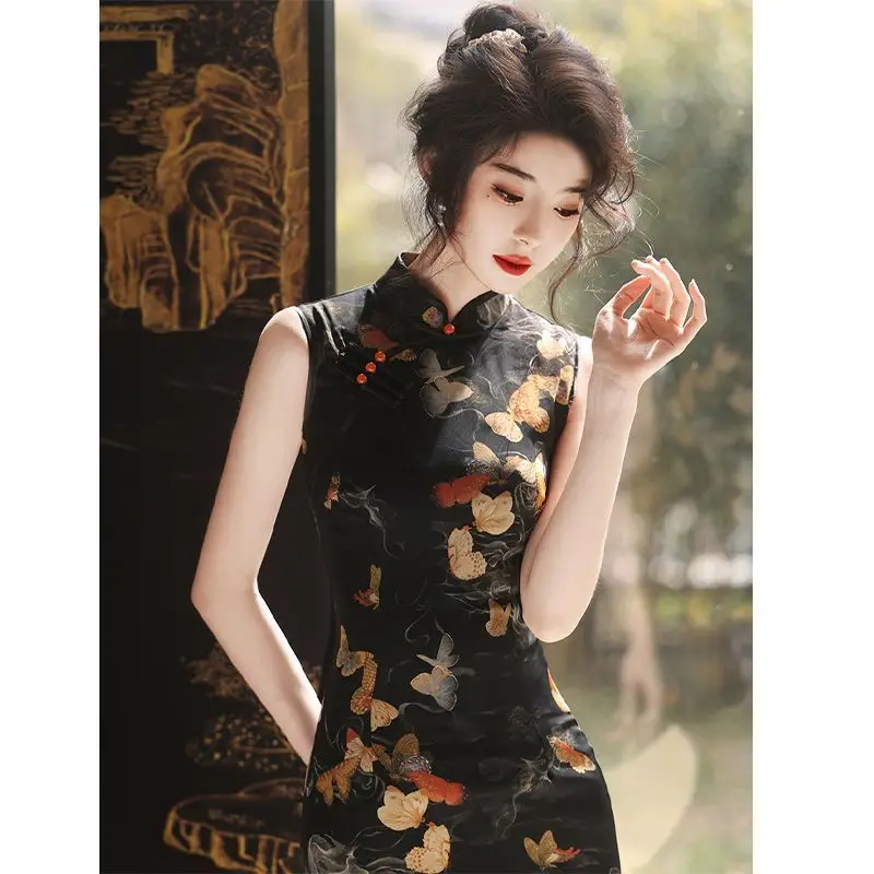 Vintage Black Butterfly Old Shanghai Sleeveless Cheongsam Dresses with Cardigan Women's Improved Vietnamese Dress Mother's Day