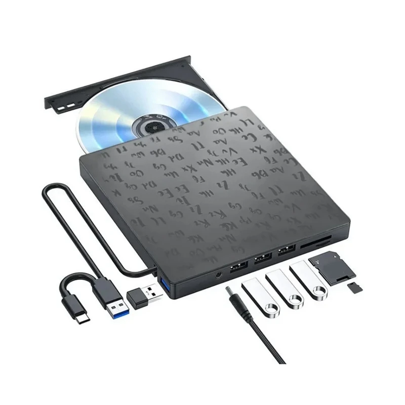 

1 Piece 7-In-1 External CD/DVD Drive Burner Black Plastic With SD/TF & USB3.0 Slots Optical Drive For PC Laptop