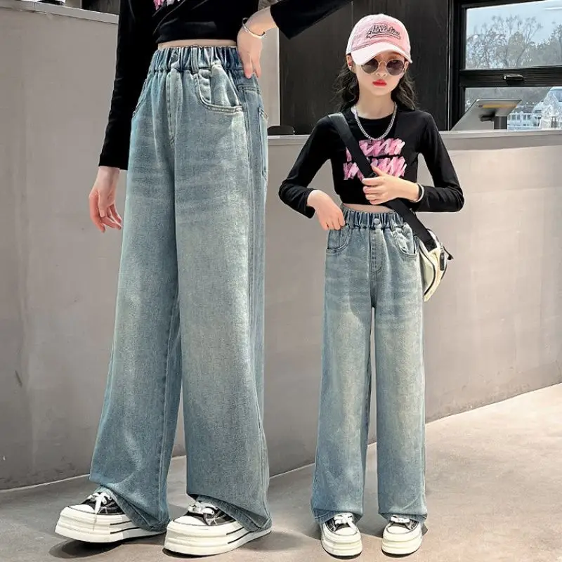 في سن المراهقة الفتيات الجينز الأطفال ربيع الخريف واسعة الساق الدنيم السراويل موضة جديدة للأطفال المطرزة الجيب الخلفي مستقيم بنطلون عادية