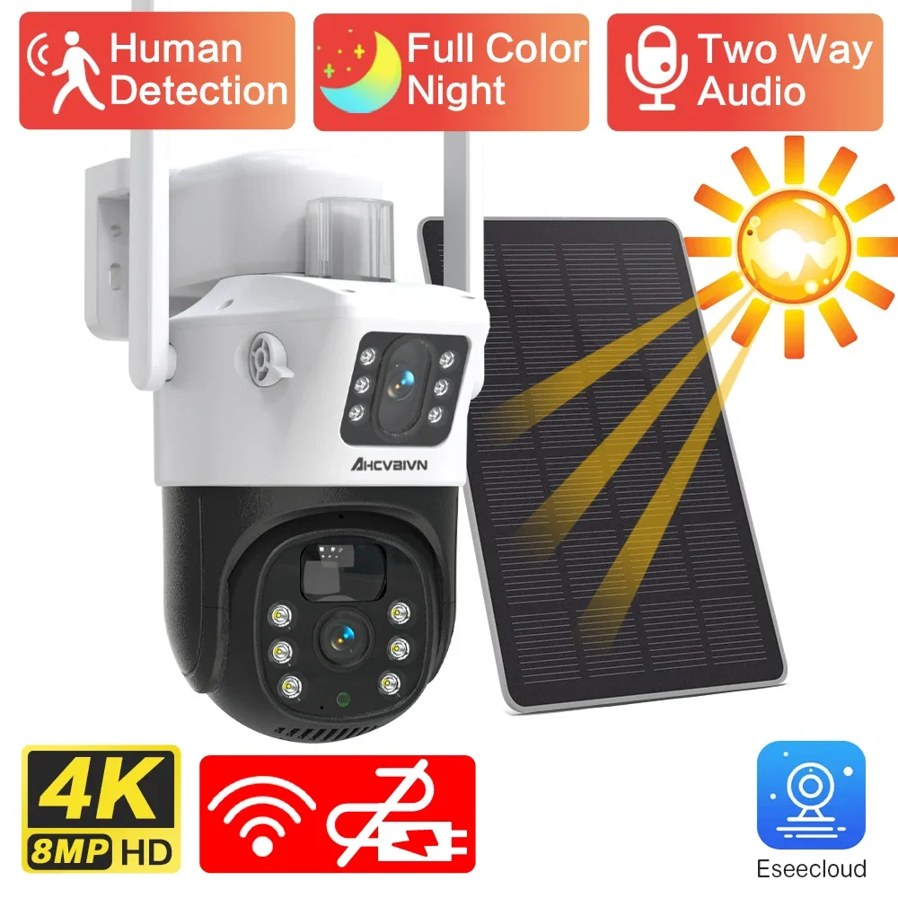 

4K 8MP Dual Lens PTZ Solar Camera Dual Screens PIR Human Tracking Outdoor Color NIght WIFI Security CCTV Surveillance IP Camera