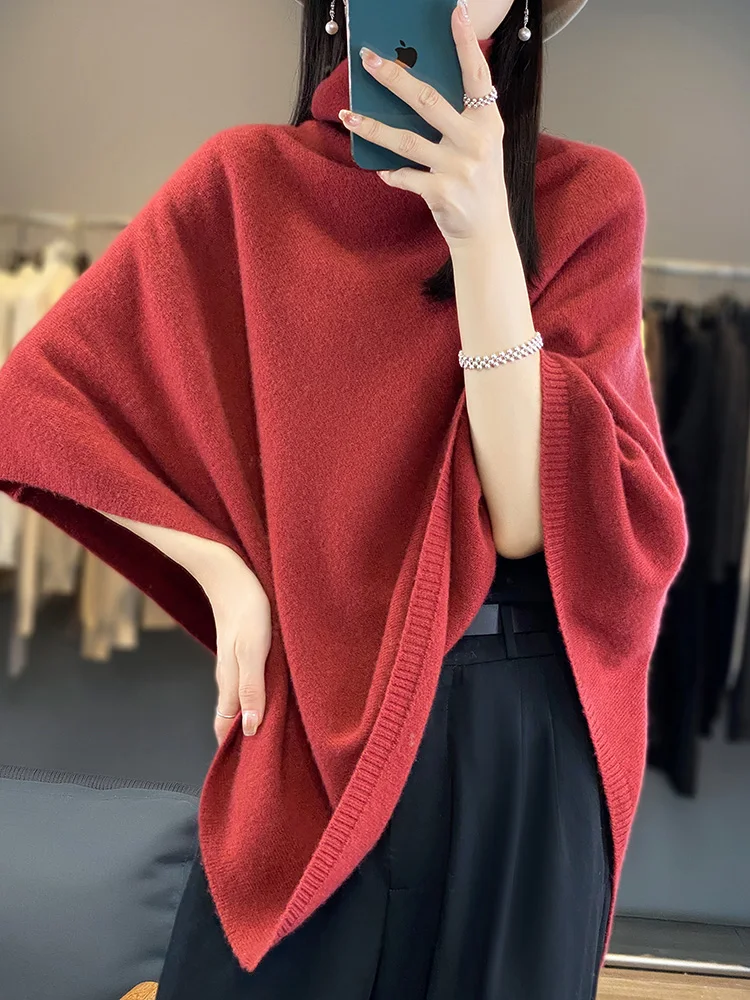 New Chic Women\'s Sweater Shawl Heap Collar Wool Pullover Autumn Winter 100% Merino Wool Knitwear Cashmere Soft Simple Cloak