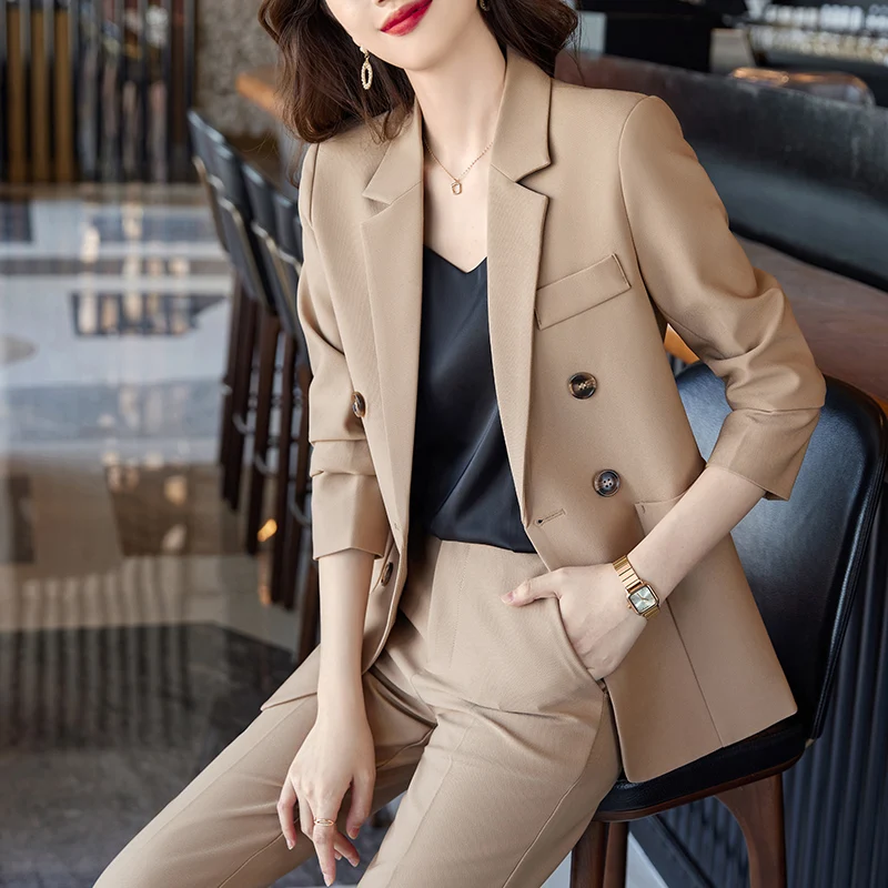 Y2K Fashion Ladies Pant Suit Women Business Work Wear Blazer And Trouser Black Khaki Brown Beige Formal 2 Piece Set With Pocket