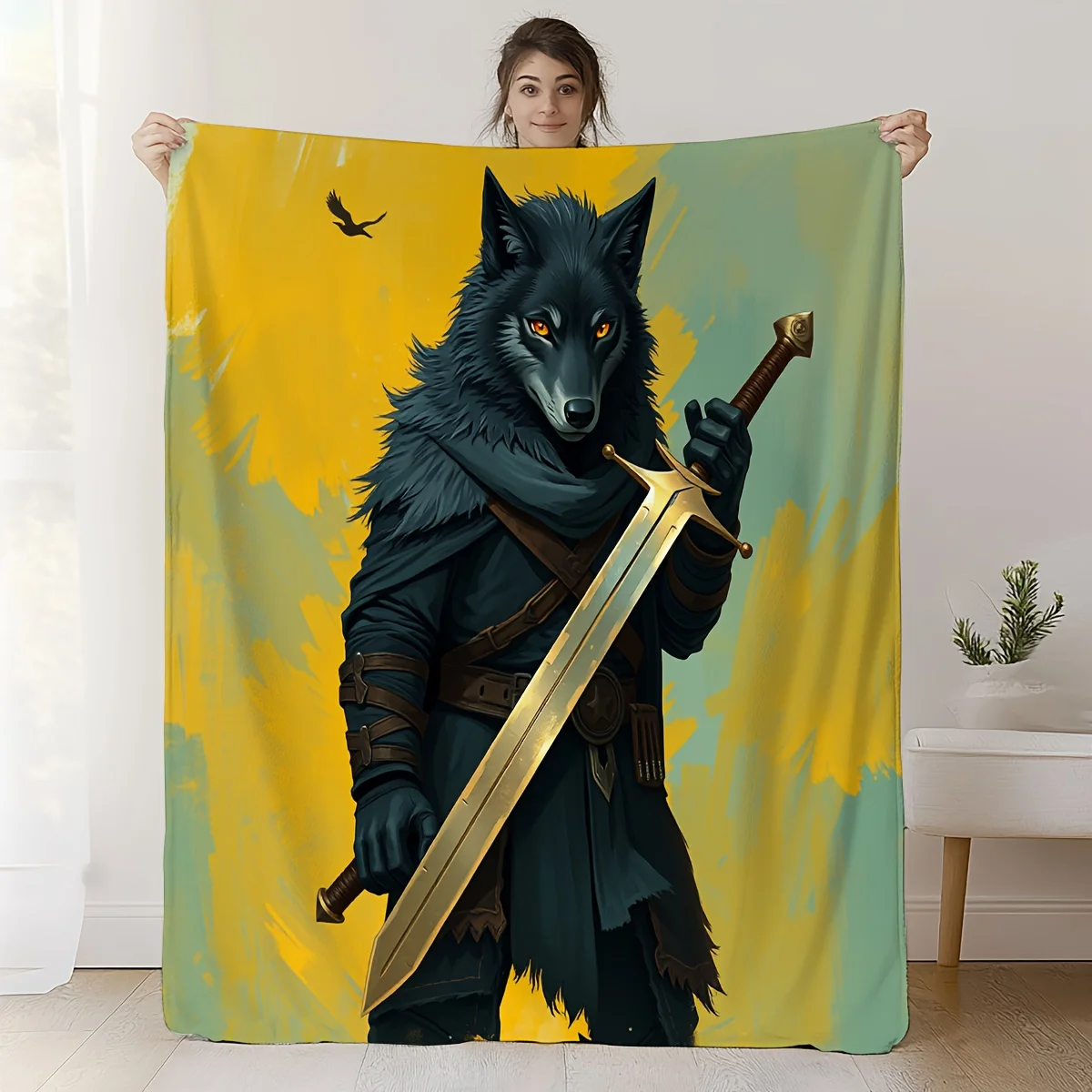 1pc Wolf Warrior Werewolf Blanket - Soft Flannel All-Season Bedspread with Black & Werewolf & Sword Design, Medieval Fantasy The
