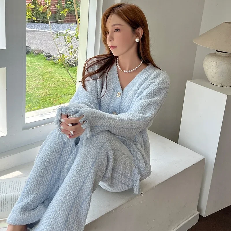 Winter Ins Sweet Tassel Cardigan Set Sleepwear Women\'s Winter Thick Warm Knitted Home Clothes Two Piece Set Light Blue