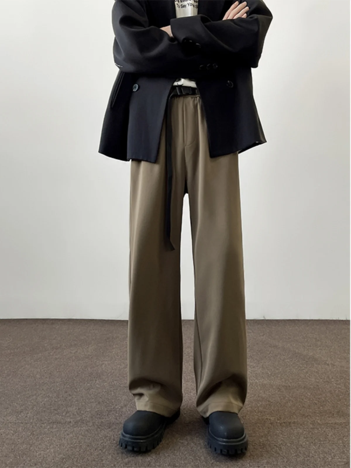 

Мужские брюки кофейно-коричневого цвета с драпировкой на талии, прямые брюки в уличном стиле, модные брендовые повседневные весенние длинные брюки из полиэфирного волокна