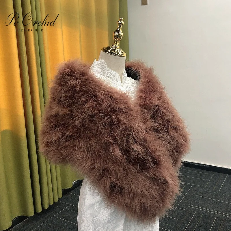 PEORCHID  Coffee Color Ostrich Feather Winter Shrugs Women Bolero Wedding Jacket Bridal Dress Top Shoulder Cover Fur Shawl