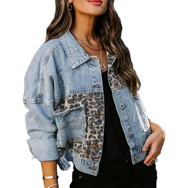 Women's Distressed Leopard Denim Jean Jacket Button down Short Outerwear Summer 2025 Other Style 100% Other Material