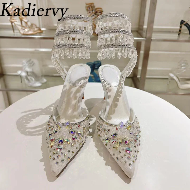 Summer High Heels Shoes Women Crystal Pendant Snake Twine Around Ankle Strap Party Shoes Pointed Toe Mesh Pumps Sandals Woman