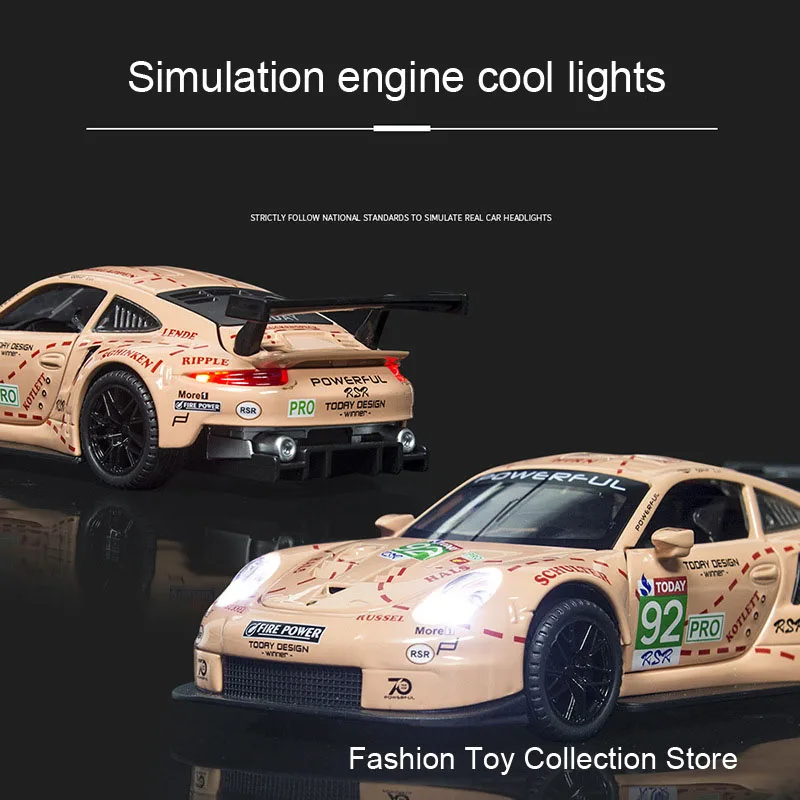 1: 32 Porscha RSR Alloy Car Model High Simulation Diecasts Toy With Sound and Light Pull Back Vehicles Decoration Toys For Kids