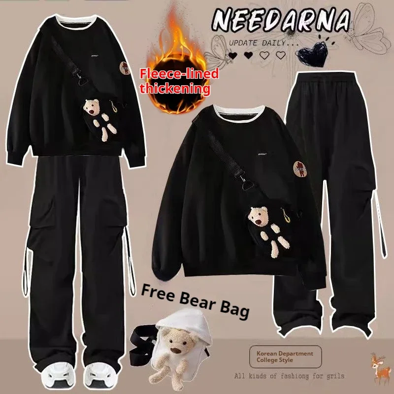 Harajuku Winter Warm Sweatshirt Pants 1 or 2 Piece Set Women Korean Cute Bear Hoodies and Trousers Suit Men Kawaii Clothes