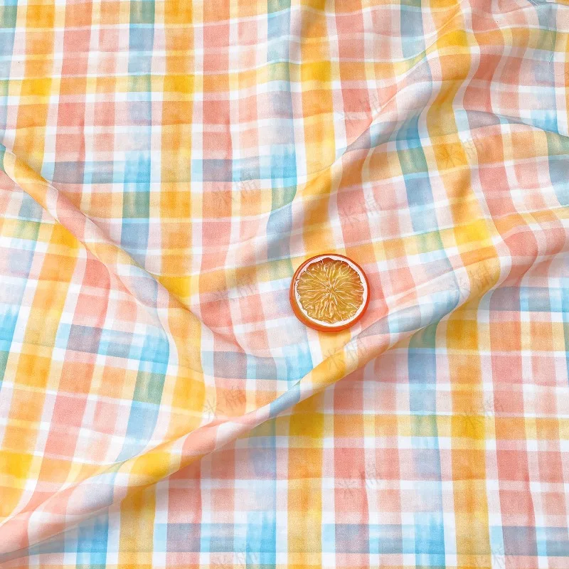 L100cm X W150cm Yellow Stripe Check Plaid Digital Print Pure Cotton Fabric Dress Shirt Handmade DIY Home Craft Material Textile