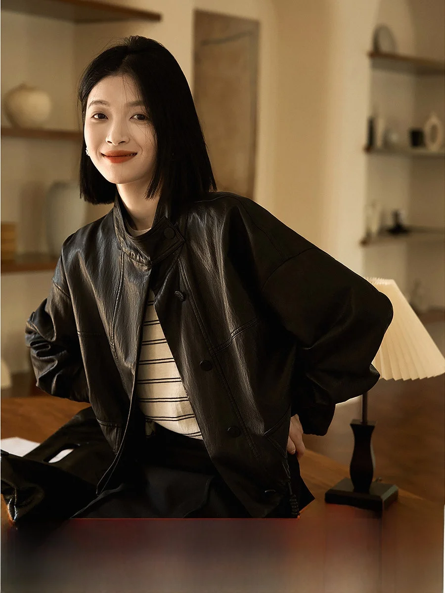 

Xhange Vintage Modern ort Jaet Stand Collar Haome Metal Protein Leather Coat 2025 Autumn Women's Faion Straight Cut