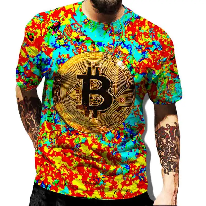 Hip Hop Trend Colorful T-shirt Men's Digital Virtual Currency Graphic Men's Short Sleeve Bitcoin Printed Clothing Top Loose Larg