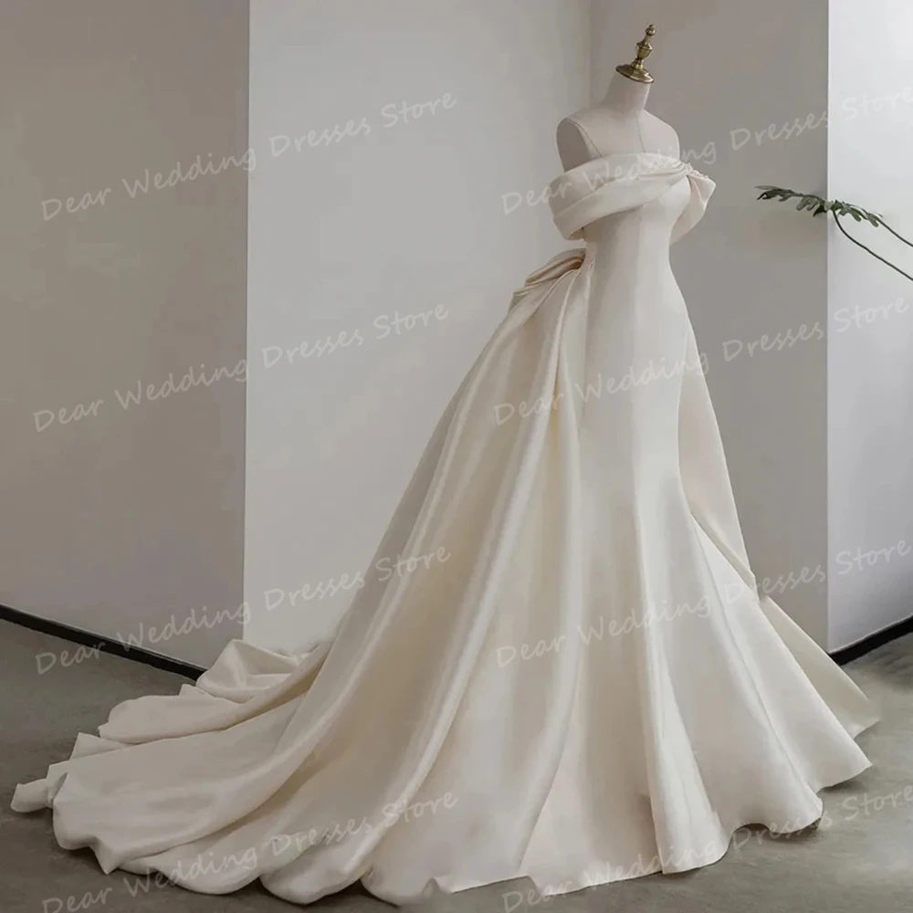 Exquisite Pleat Satin Wedding Dresses Women's A Line Sexy Off The Shoulder Backless Bow For Bridal Ball Gowns Sweep Train Formal