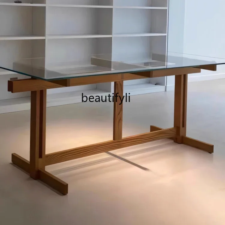 

Nordic modern solid wood desk tempered glass transparent dining room rectangular dining table