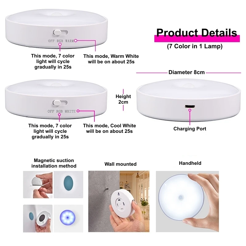 USB Rechargeable LED Night Light RGB 7 Color Motion Sensor Smart Cabinet Decor Lamp for Room Home Party Bar Atmosphere Light