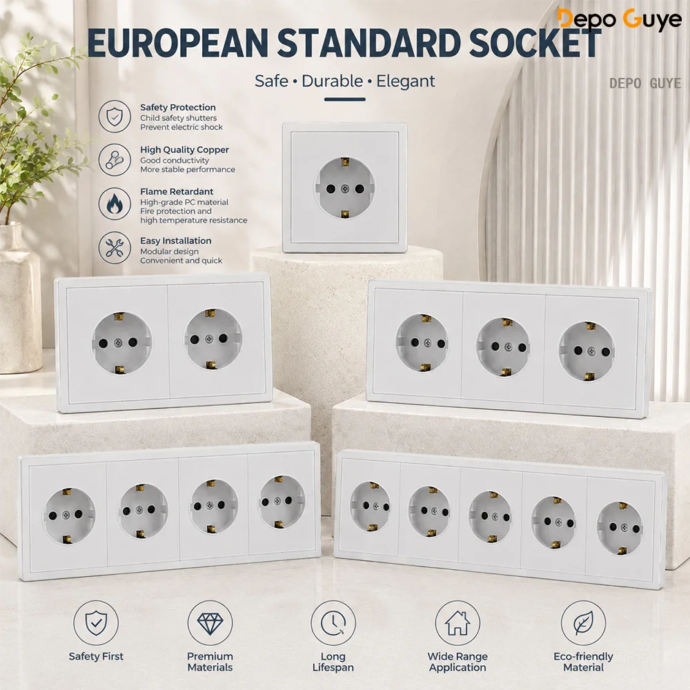 Europejskie standardowe gniazdo zasilania 1/2/3/4/5, standardowe gniazdo elektryczne UE, biały panel PC, ścienne gniazda elektryczne do domu i biura.