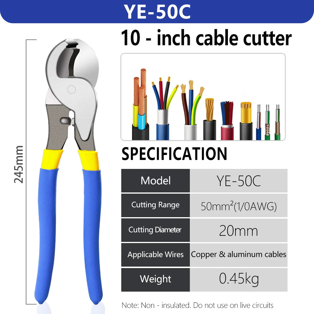 10 Inch Heavy Duty Cable Cutters YE-50C for Electrical Wire Professional Cable Shears for Copper & Aluminum Cuts up to 1/0 Wire