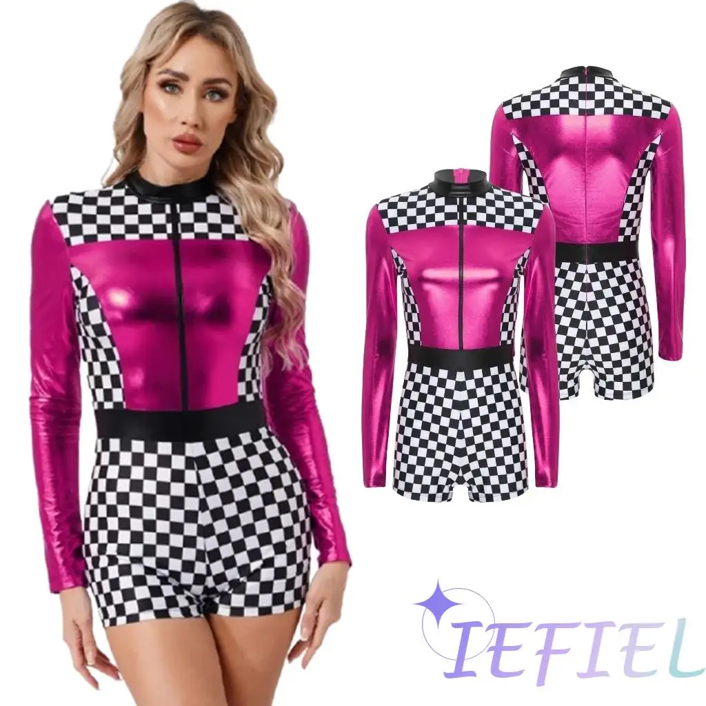 

Cheerleading Uniform Bodycon Bodysuits Cheering Team Motor Car Racing Uniform Checkerboard Printed Leotard for Carnival Dress-up