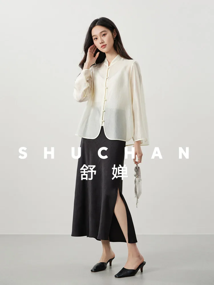 

Elegance, Water Wave Crepe Texture, Jade Buckle Small Stand-up Collar New Chinese Micro-transparent Shirt