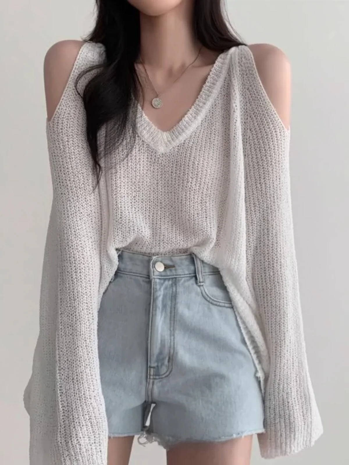 Summer Sexy Shoulder Bared Lazy Style Long Sleeve T Shirt Women Loose Versatile Casual Sunscreen Thin Knitted Top Cover up