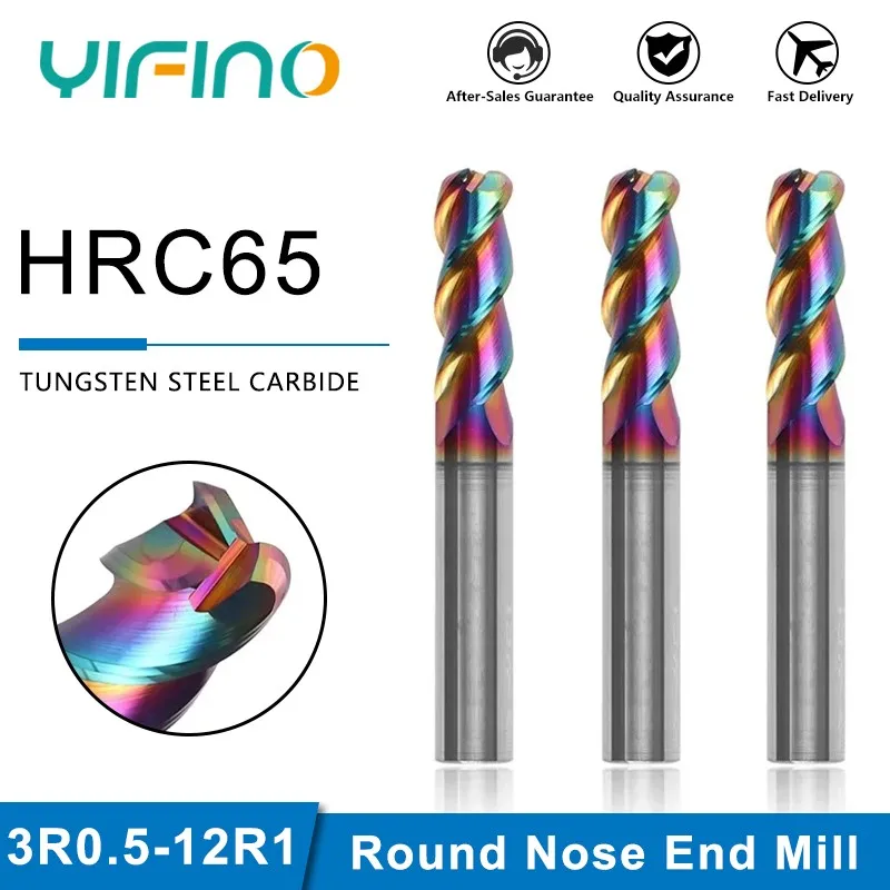 

YIFINO Tungsten Steel Carbide DLC Coating 3-Flute Round Nose Milling Cutter CNC Machining Center End Mill Tools HRC65