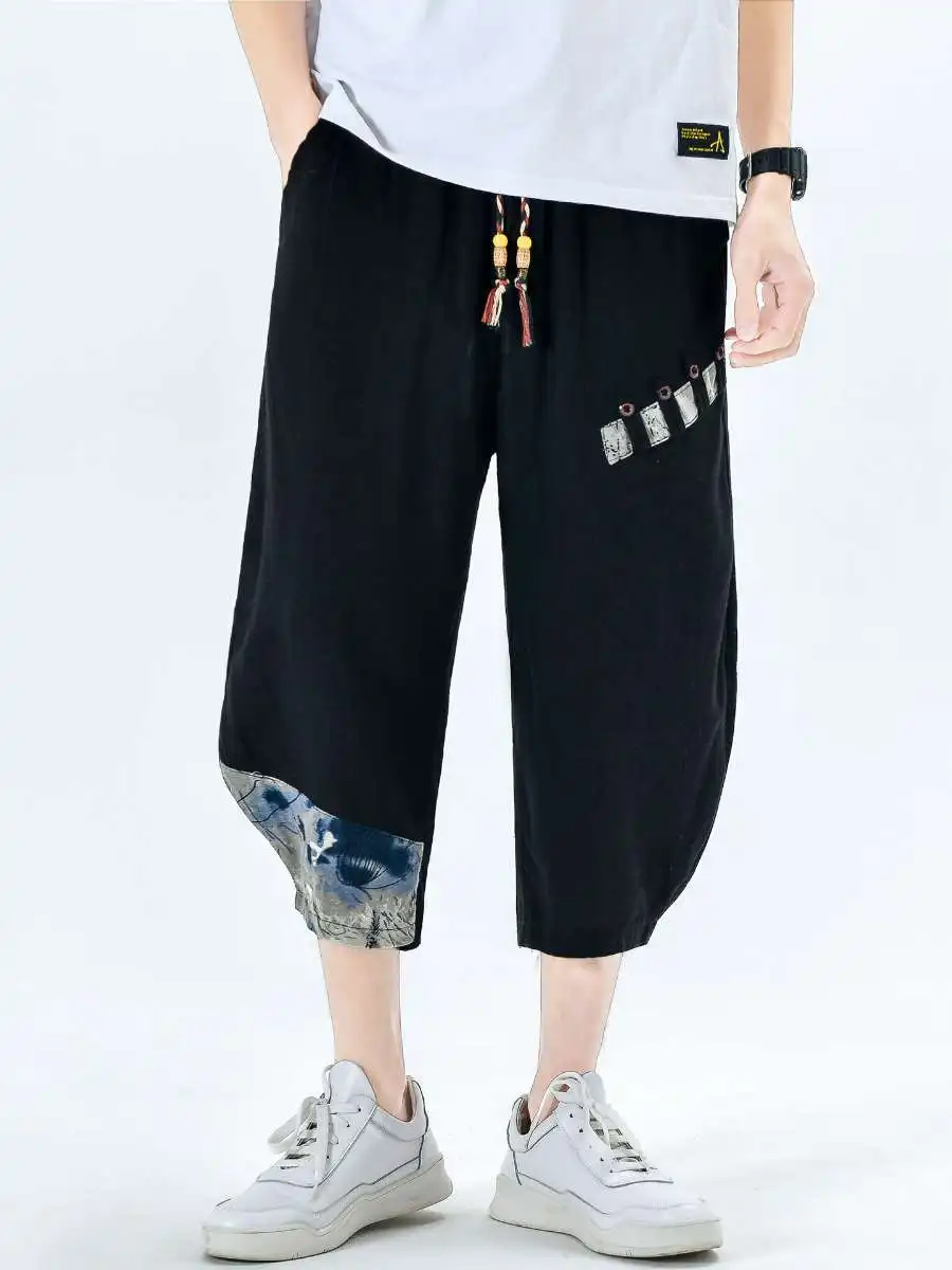 

New Summer Linen Beach Pants Loose Casual Trousers Men Youth Harlan Wide Leg orts Cotton Linen Seven Summer Casual Pants