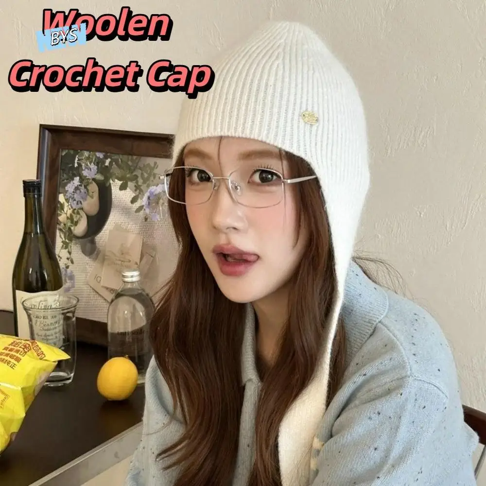 

Keep Warm Knitted Hat Coldproof Ear Protection Woolen Crochet Beanies Cap Solid Color Neck Protector Girls Pullover Cap Female