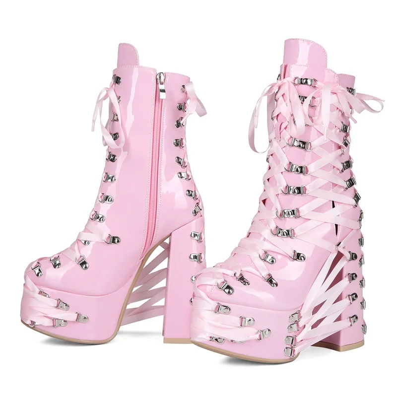 

Ботильоны на платформе с металлическими заклепками и крестообразной завязкой, пикантные женские ботильоны с острым носком и квадратным каблуком на молнии, модные женские подиумные ботинки