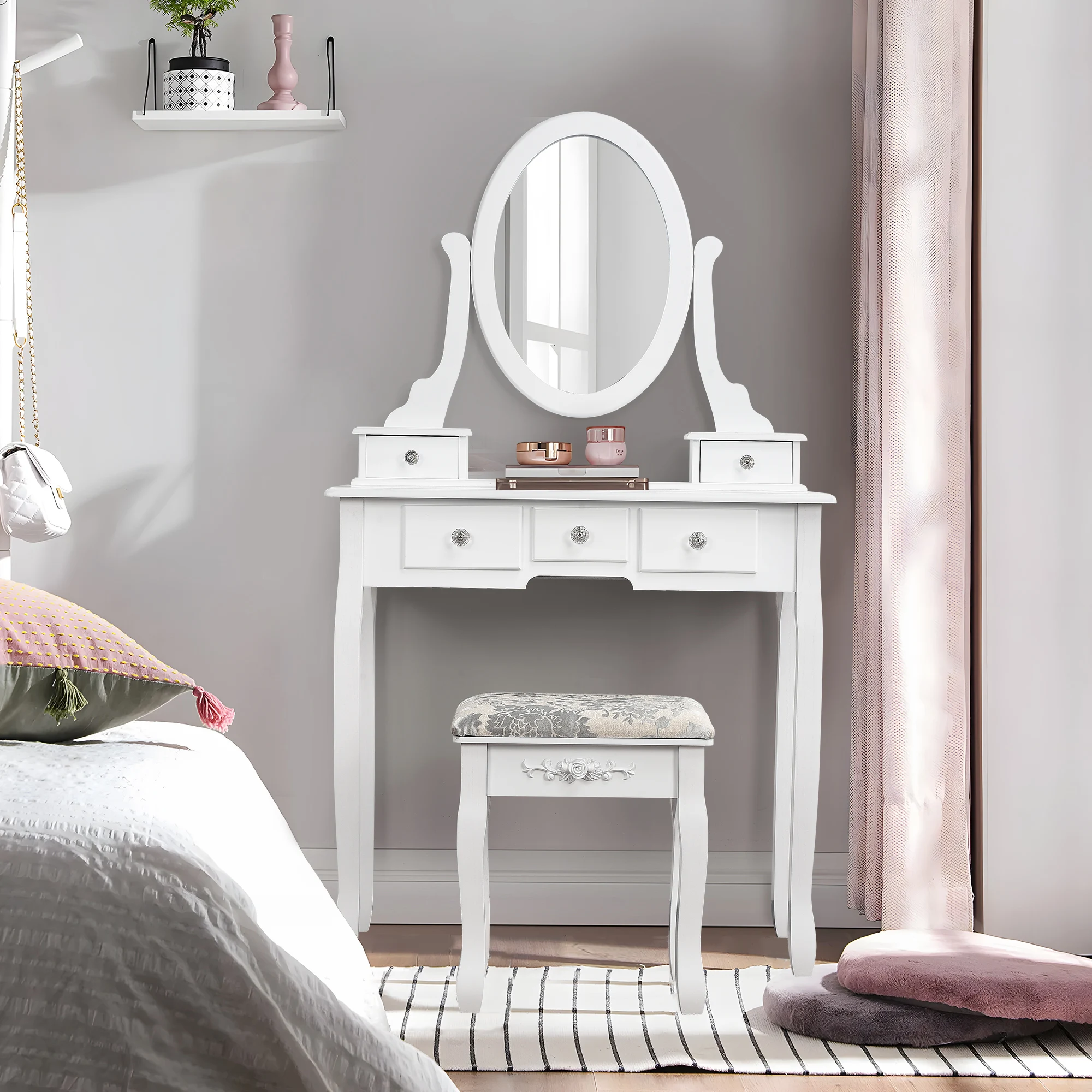 Vanity Desk with Mirror, White Makeup Desk, Vanity Desk with 5 Drawers for Bedroom