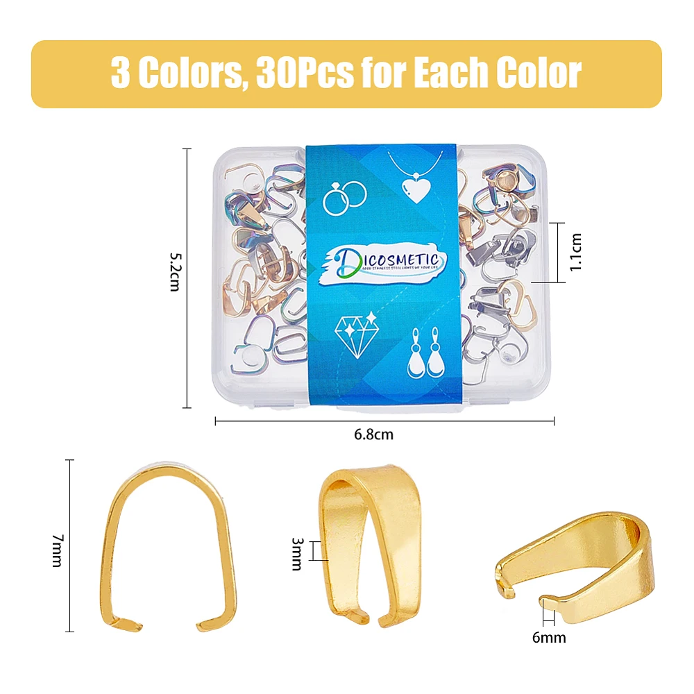 90Pcs 3 Colors Pinch Clip Clasps Bails Stainless Steel Snap on Bails Golden and Rainbow Color Snap on Bail Pendant Connector