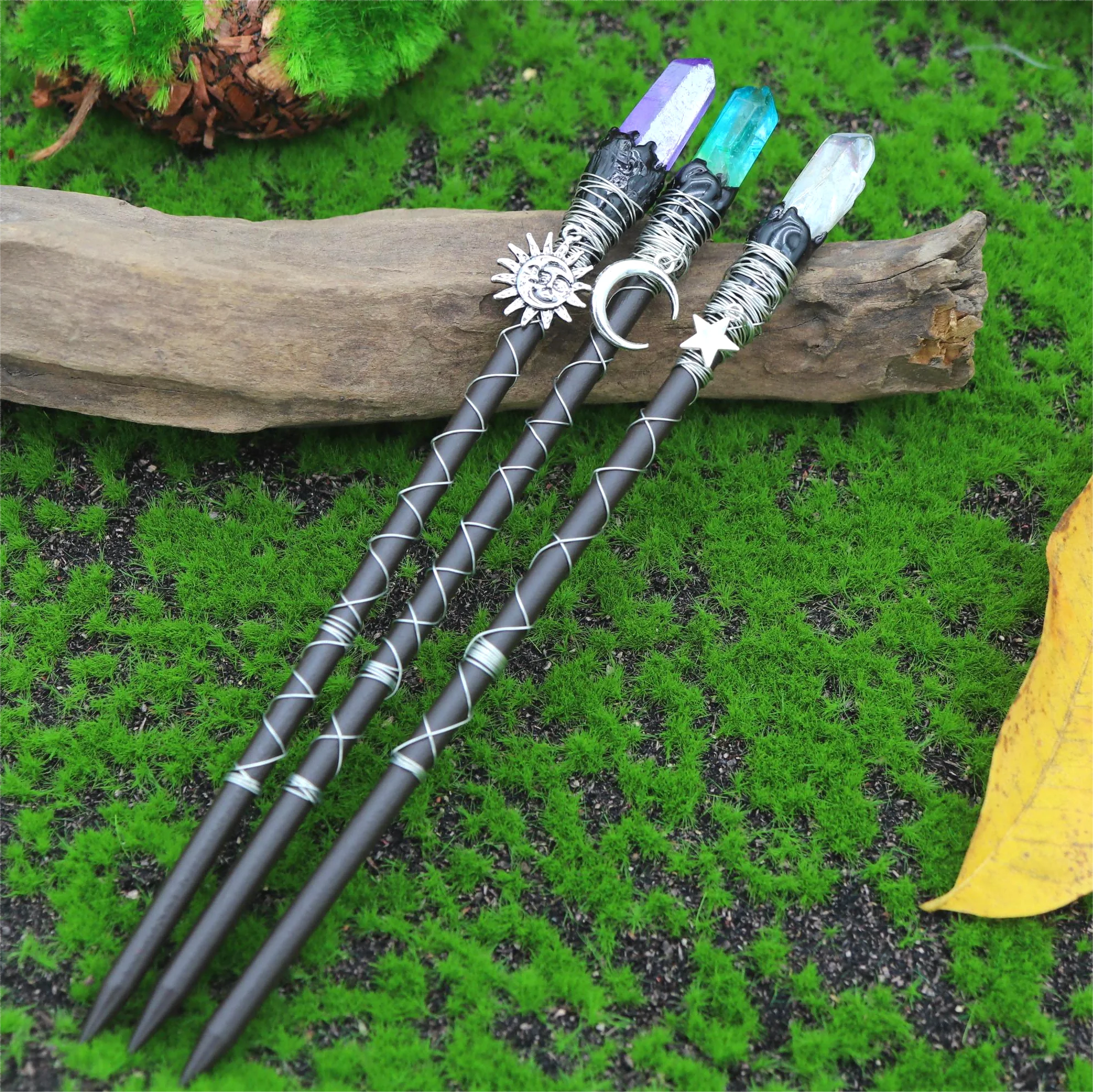 Handmade Hairpin Natural Crystal Hair Stick Sun Star Moon about 21cm Long Hair Accessories Wooden Woman Men Festival Gifts