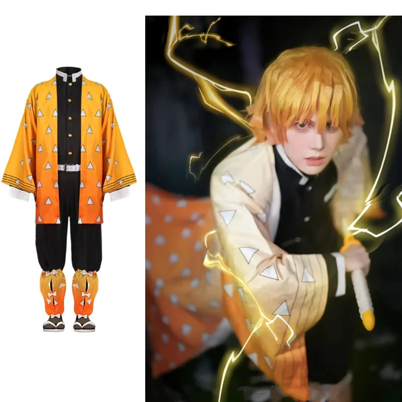 Costume Cosplay Anime Demon Slayer pour Femme, Kimetsu no Yaiba, Agatsuma Zenitsu, Uniforme Kimono, Halloween, Vêtements de ixde Noël