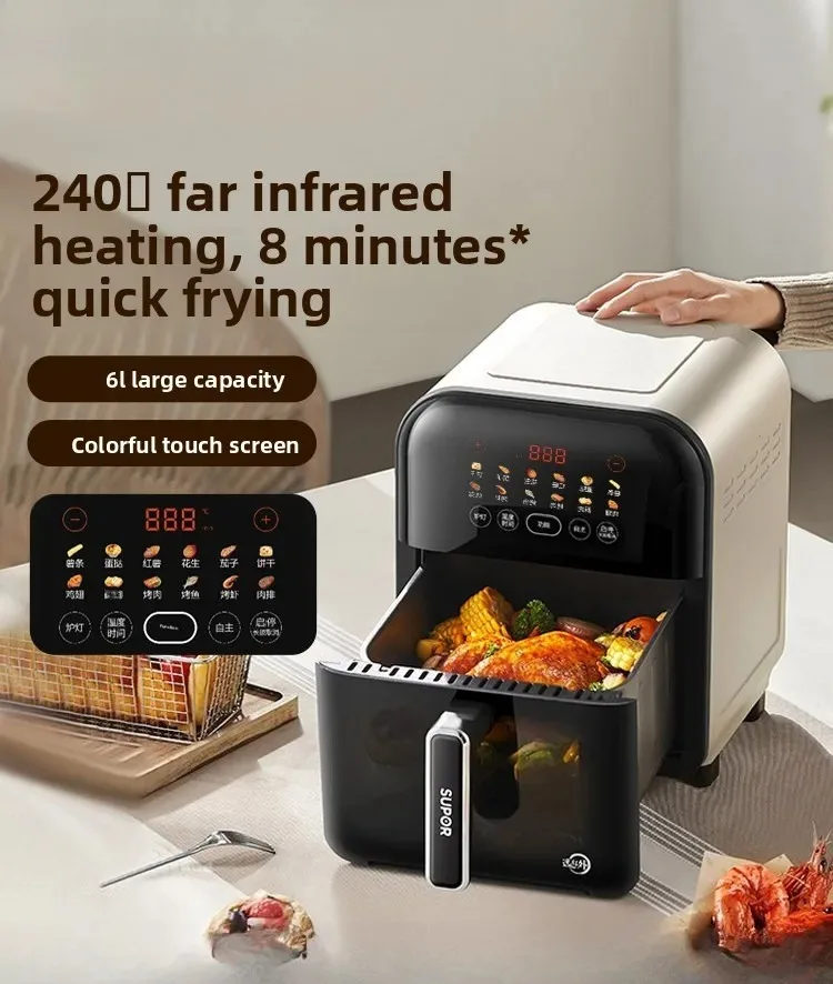 6L Large Capacity Household Far Infrared Air Fryer, Visible Window Smart Multifunctional Electric Fryer No Flip Required