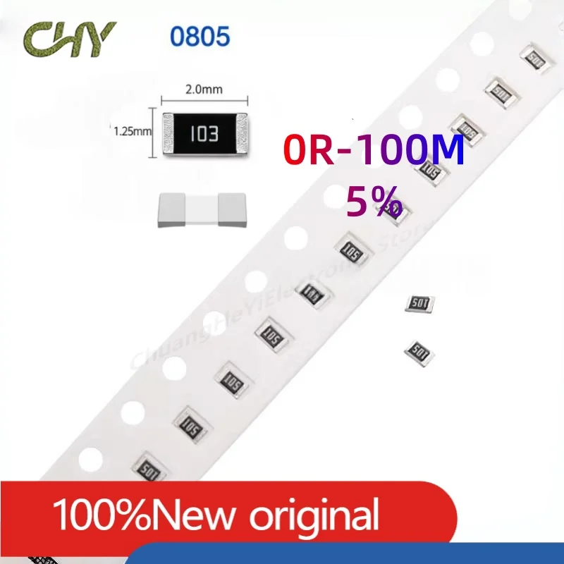 100pcs/Lot 0805 SMD Chip Resistor 5% Tolerance 1 8W 107K  953K ohm 0R 1K 100M 0.125W Thick Film Surface Mount SMT Fixed Resisto