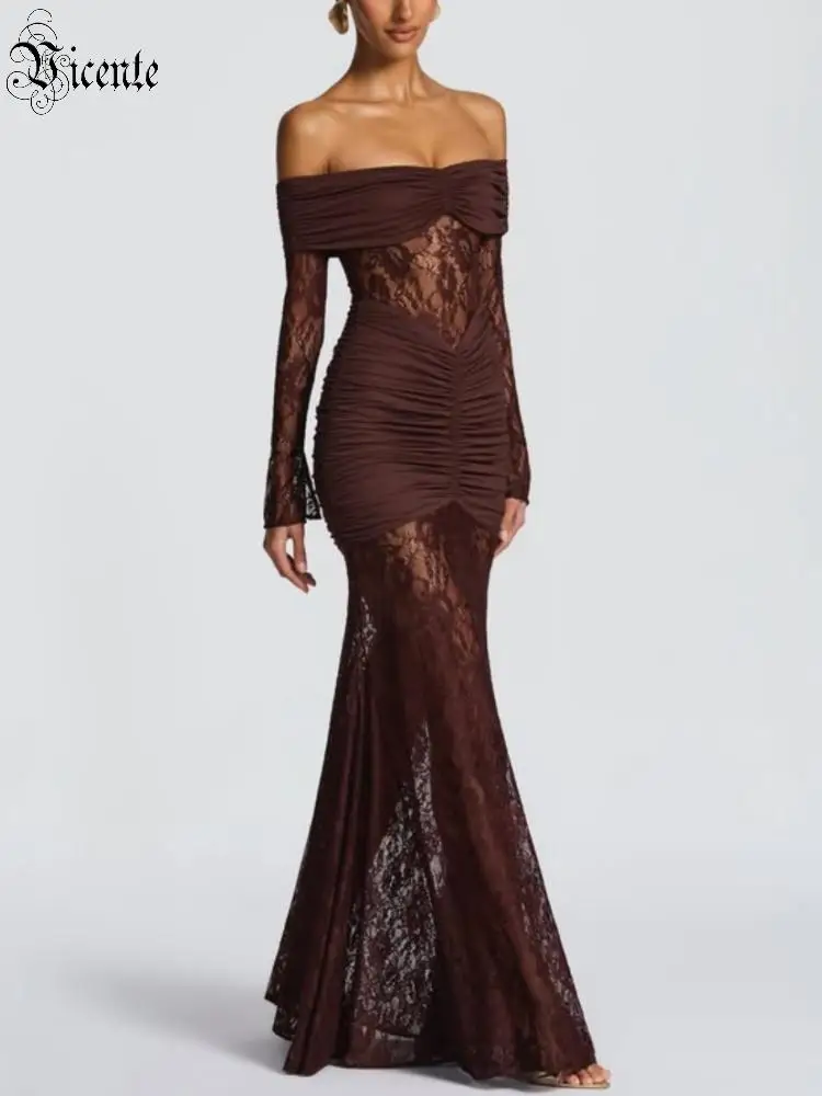 فستان سهرة طويل من الدانتيل بدون أكتاف باللون البني من VC للنساء - فستان حورية البحر مكشكش من الدانتيل الشفاف بأكمام طويلة للحفلات #1