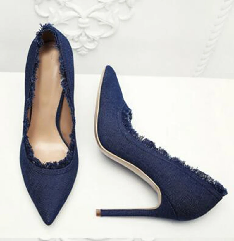 

Women Fringes Opening Pink Blue Denim Pumps 12cm High Heel Pointed Toe Frazzle Tassel Jeans Pumps Formal Dress Shoes