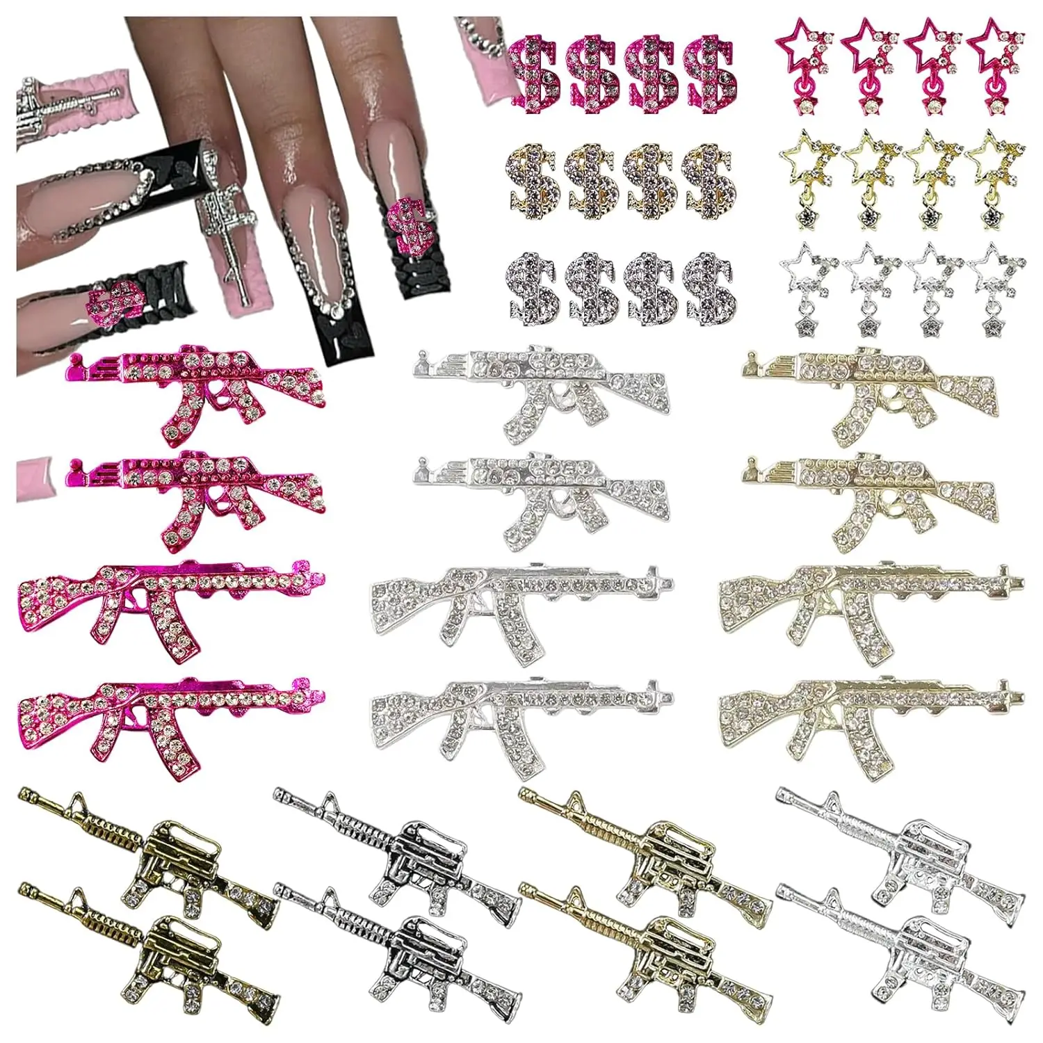 44PCS Gun Nail Charms Nail Art Rhinestone,Gold Silver Pink Alloy Gun Dollar Sign Star Nail Decoration for Acrylic Nails, Nail Je