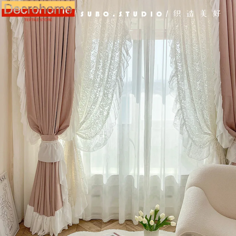 Girl Pink Lace Embroidered Window Screen Velvet Wood Ear Edge Curtains for Living Room Bedroom Window Balcony French Window