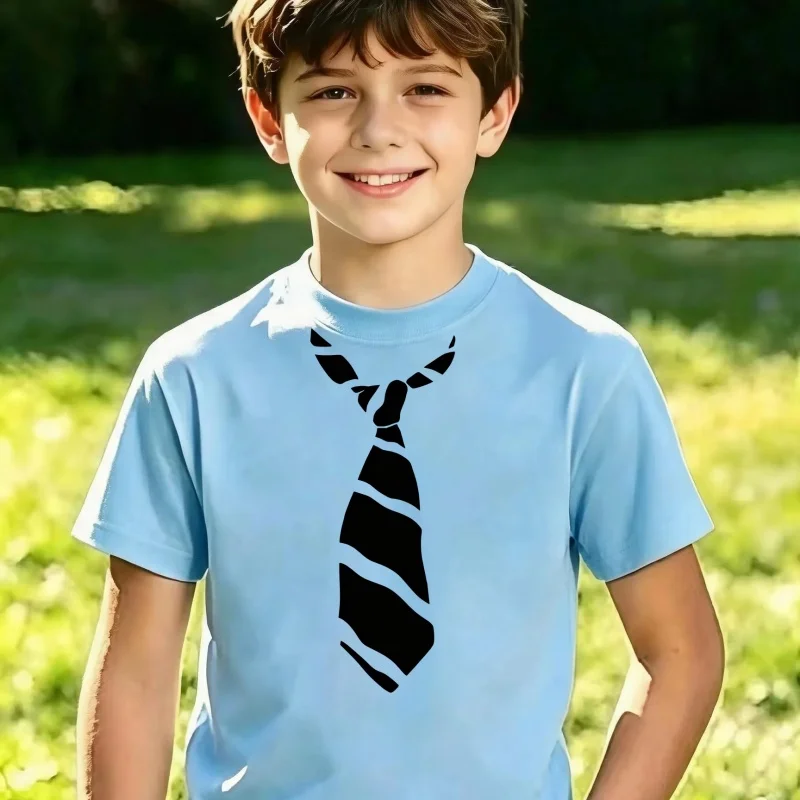 Stylish Boys Tie Graphic Soft Light Fabric Crew Neck Short Sleeve Daily Casual Top Machine Washable Outdoor Street Wear