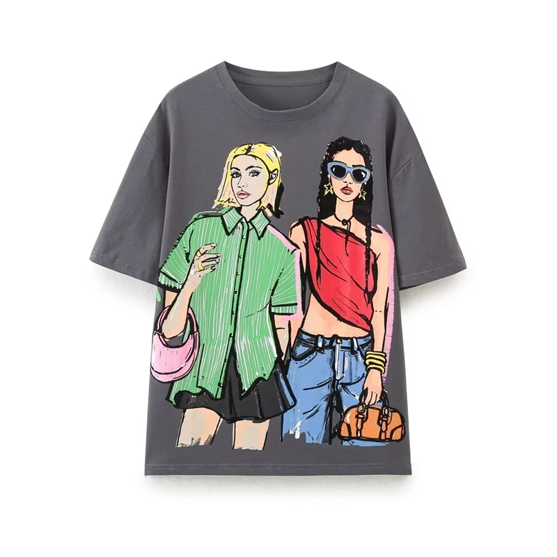 Women 2024 Summer New Fashion Casual Printed T Shirts Vintage O-Neck Short Sleeve Female Top Tees Mujer