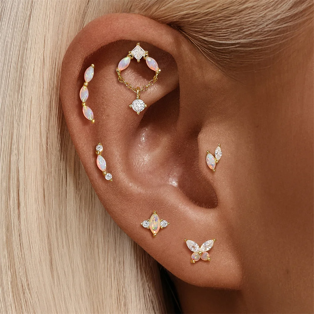 CANNER 1PC Heart-shaped Opal 925 Sterling Silver Threaded Piercing Earring Women Ins Star Moon Butterfly Ear Bone Nail Gift